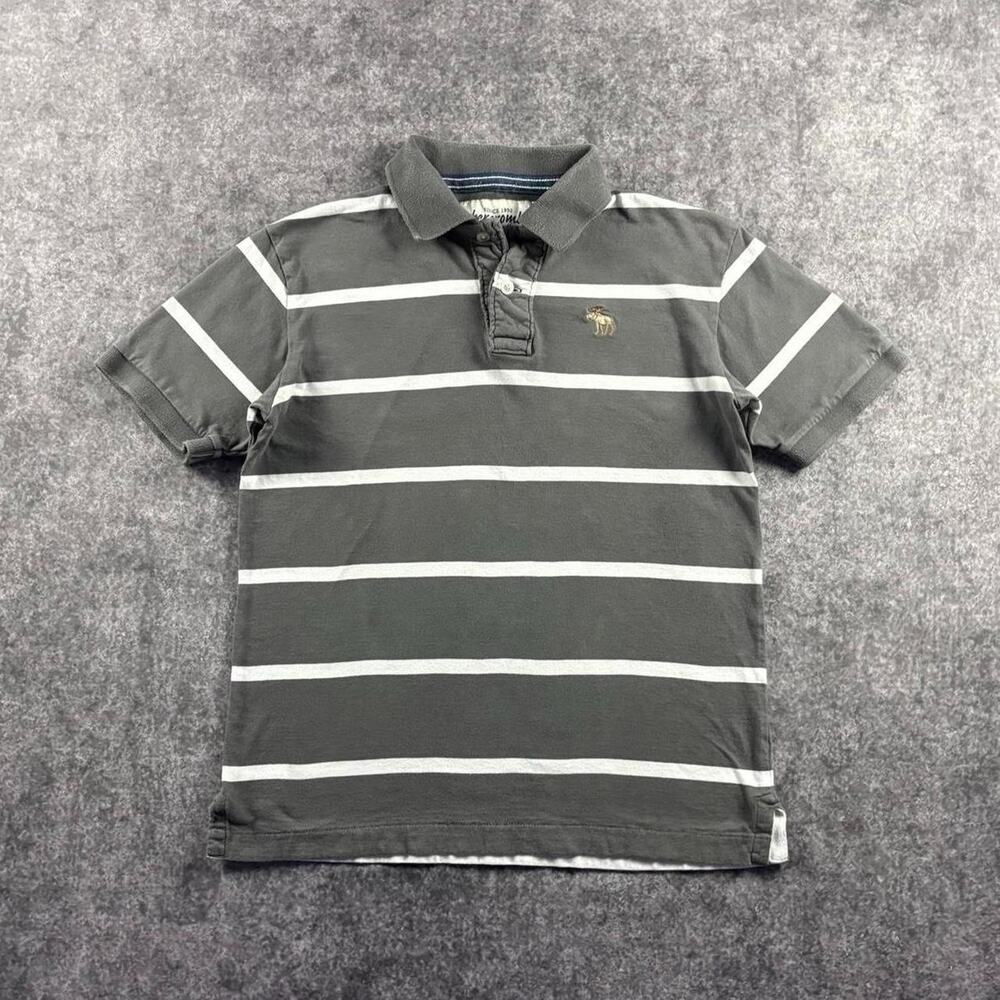 Vintage Y2K Abercrombie Kids Polo Shirt Boys Large Gray Striped Moose Preppy